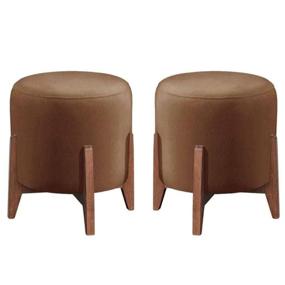Kit 2 Puff Decorativo Para Sala Redondo Luxo Selena Suede Capuccino