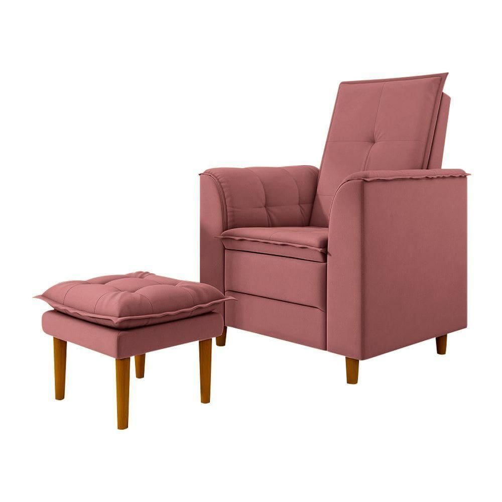 Poltrona De Amamentação Quarto De Bebê Gracy Com Puff Pés Palito Veludo Rosa G85 - Gran Belo