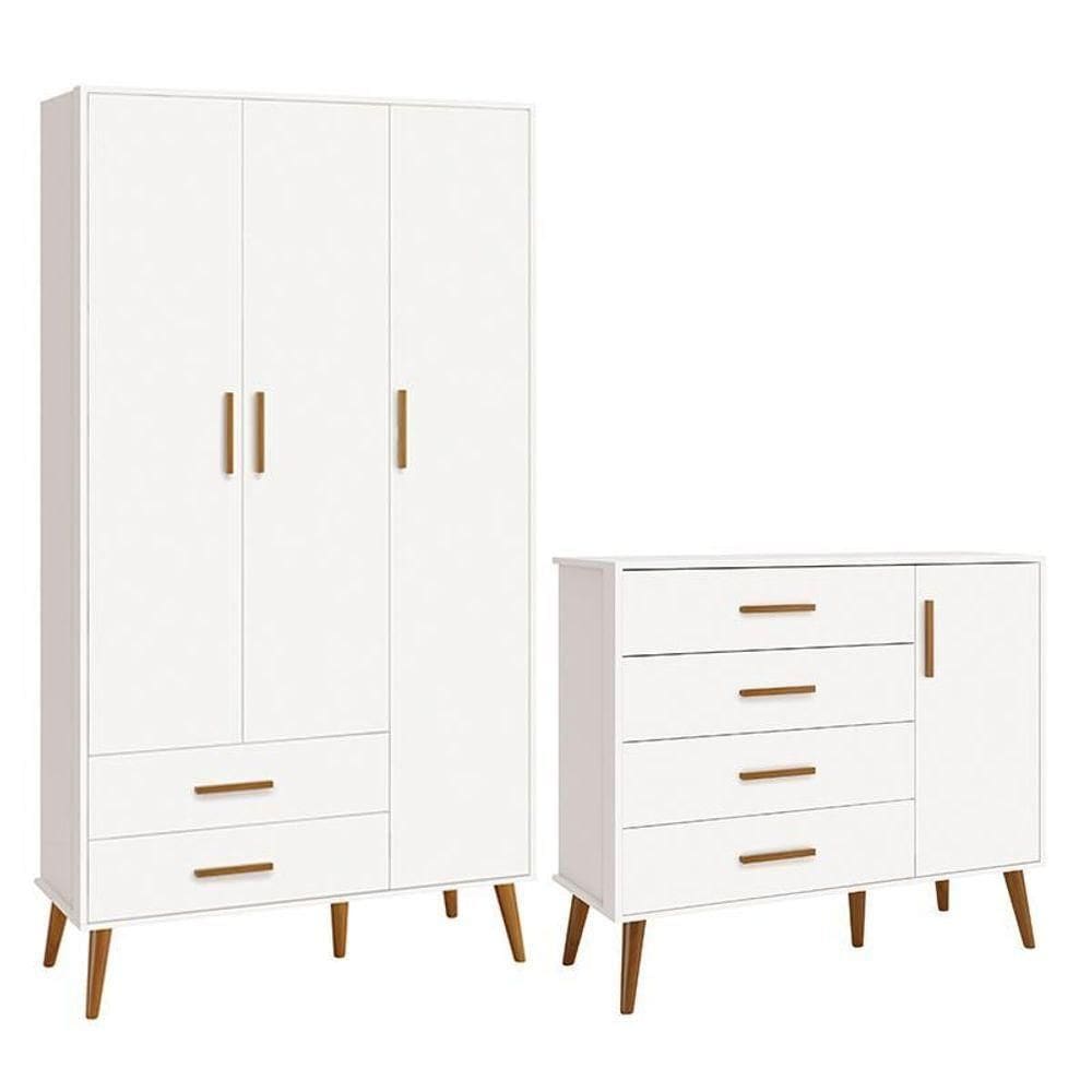 Jogo De Quarto Infantil Isis Guarda Roupa 3 Portas E Cômoda 1 Porta Branco - Reller Móveis Branco
