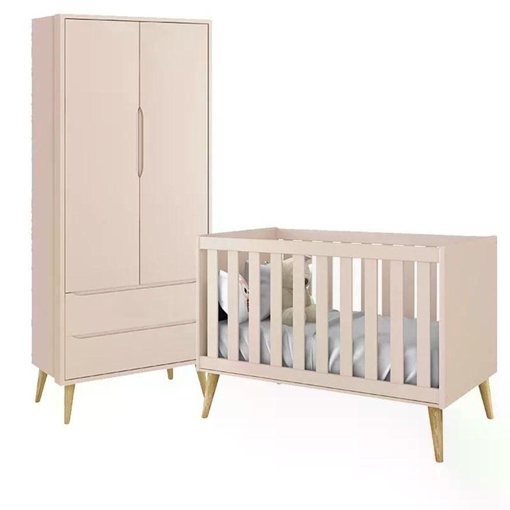 Jogo De Quarto Infantil Theo Guarda Roupa 2 Portas E Berço Rosa Fosco Com Pés Madeira Natural - Reller Móveis Rosa Fosco