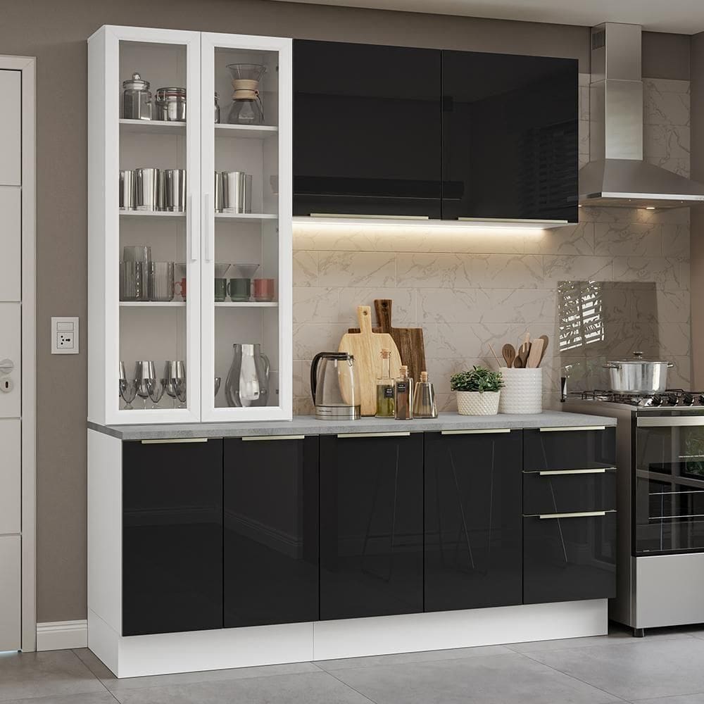 Armário De Cozinha Completa 190cm Lux Madesa Branco Preto