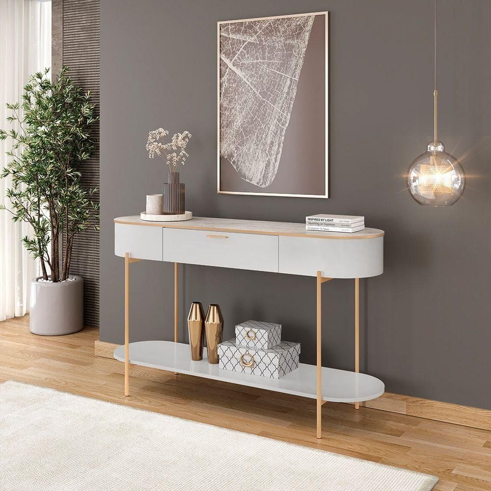 Aparador Decorativo Amanda 1 Gaveta E 1 Prateleira Pés Metálicos Dourados Fendi/quartzo G18 - Gran Belo