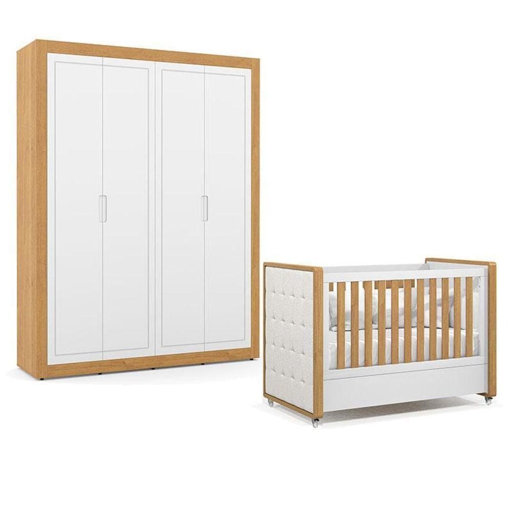 Berço Americano Capitonê New Boucle E Guarda Roupa Tutto New 4 Portas Freijó Branco Acetinado