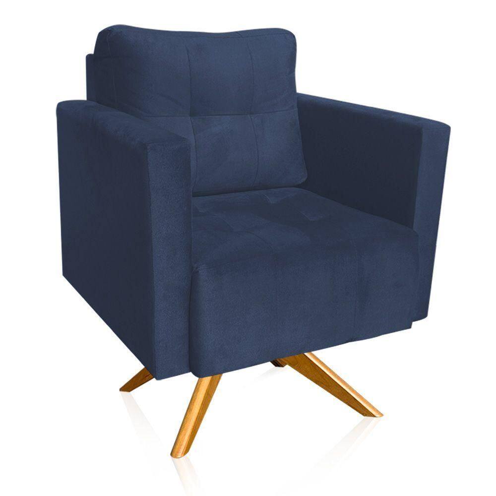 Poltrona Giratória Livia Suede Base De Madeira Ma30 Cor Azul Marinho