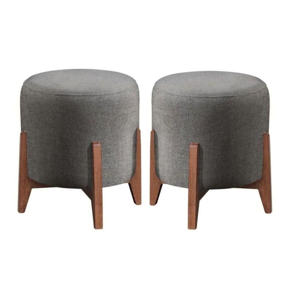 Kit 2 Puff Decorativo Para Sala Redondo Luxo Selena Suede Cinza