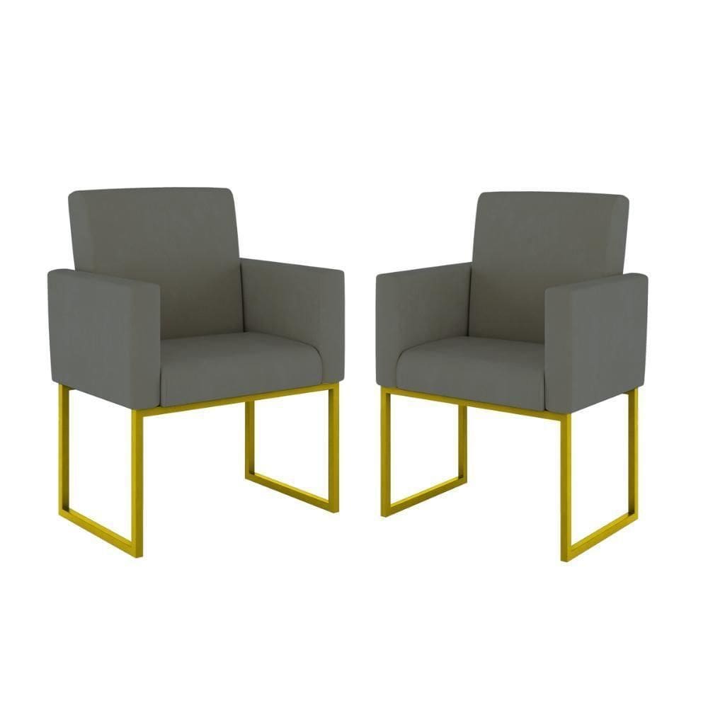 Kit 02 Poltronas Com Base De Ferro Dourado Reforçada Balaqui Decor Cinza