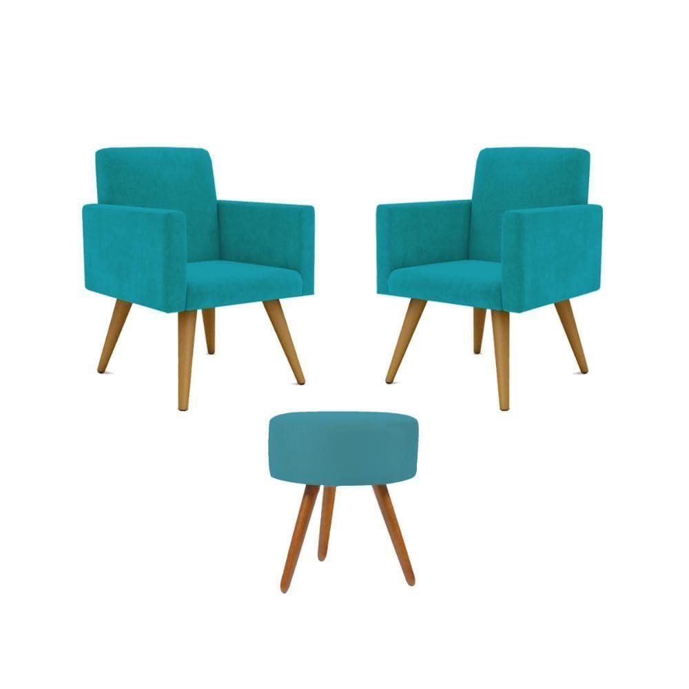 Kit 2 Poltronas Decorativa Consultorio Nina Com Puff Balaqui Azul Turquesa