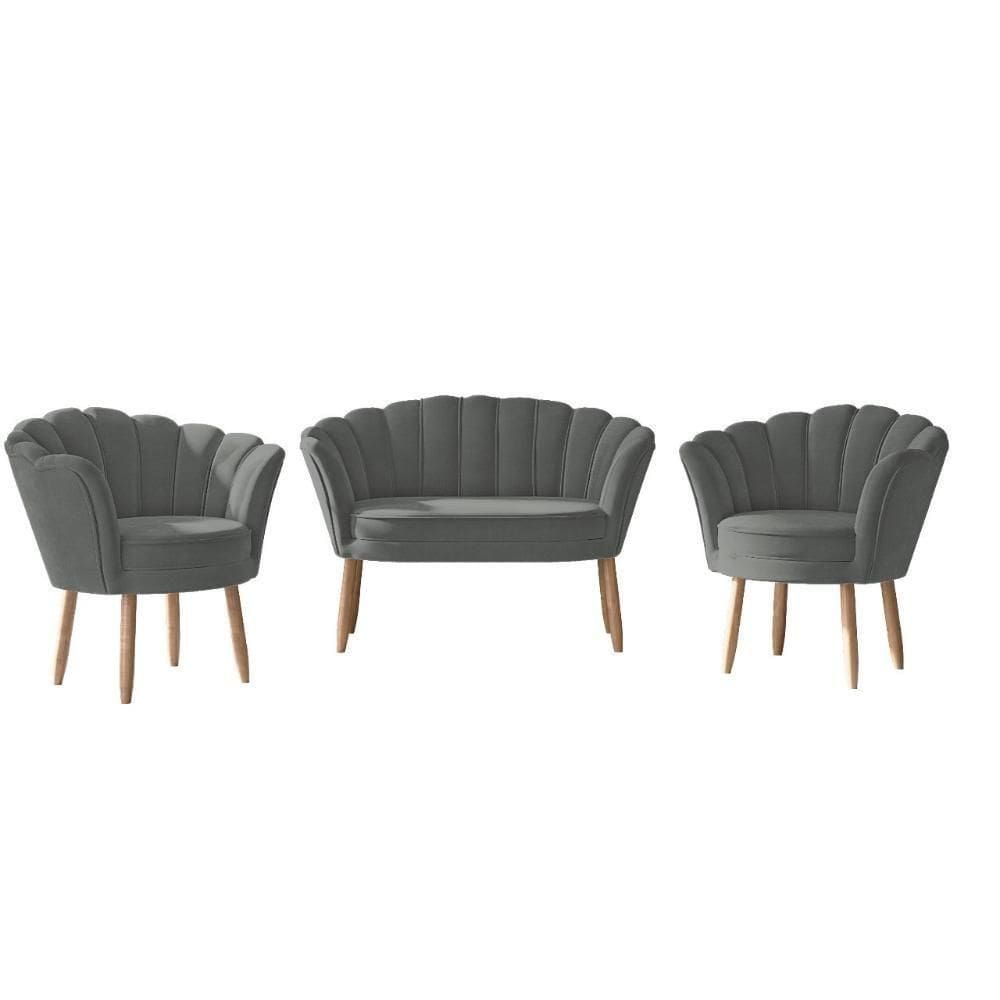 Sofá 2 Lugares+ 2 Poltronas Quarto Sala Decorativa Flor Cinza