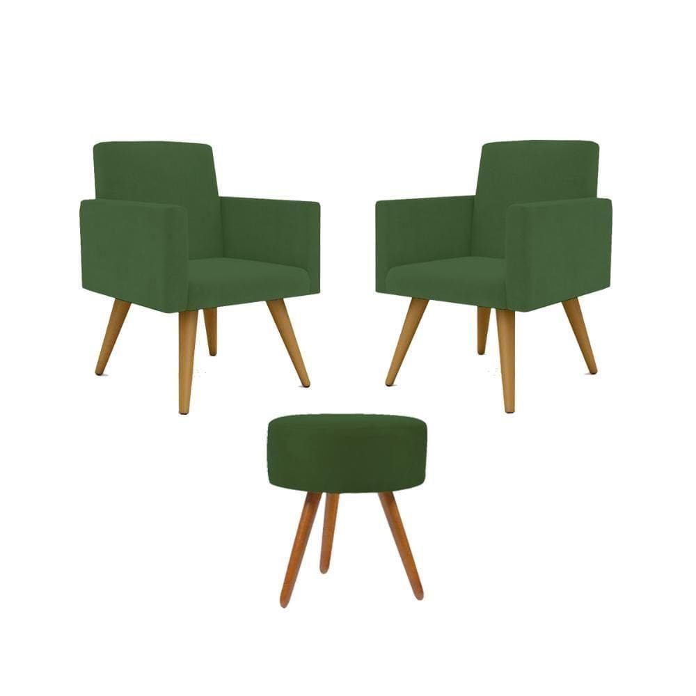 Kit Poltronas Decorativa Consultorio Nina Com Puff Balaqui Verde