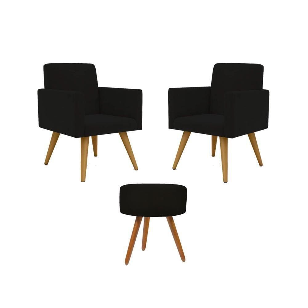 Kit Poltronas Decorativa Consultorio Nina Com Puff Balaqui Preto