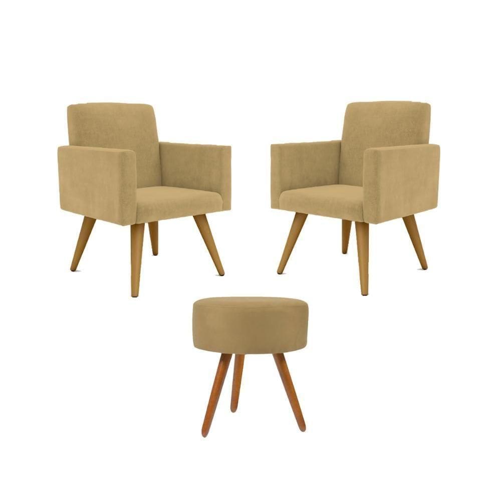 Kit 2 Poltronas Decorativa Consultorio Nina Com Puff Balaqui Capuccino