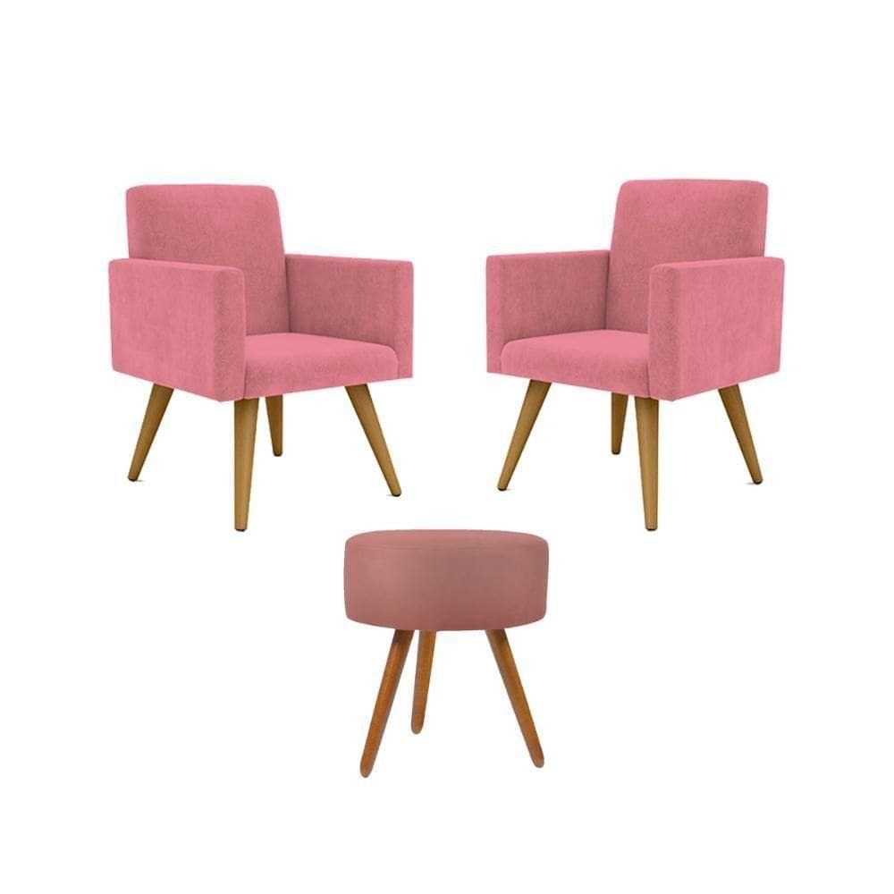 Kit Poltronas Decorativa Consultorio Nina Com Puff Balaqui Rosa