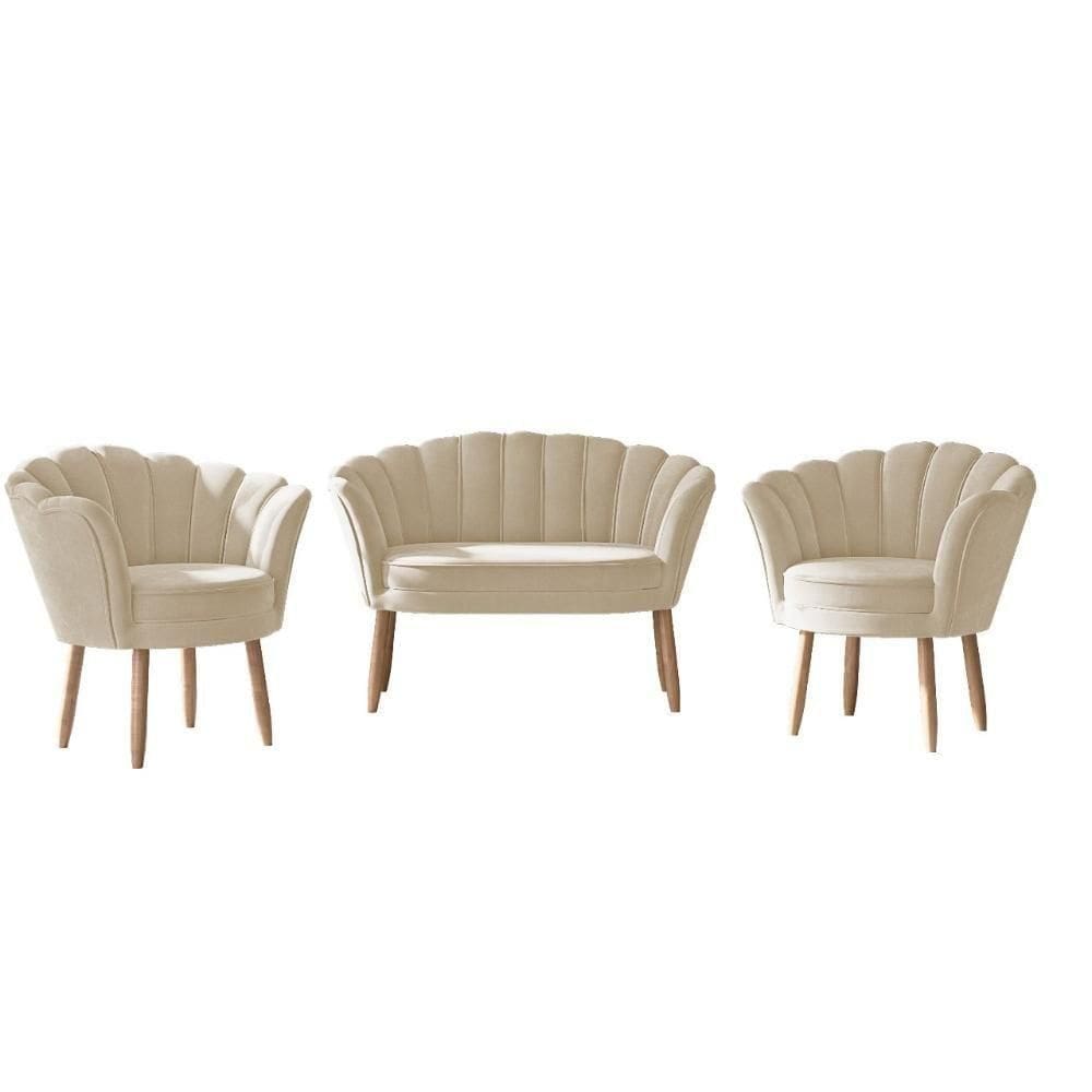 Sofá 2 Lugares + 2 Poltronas Quarto Sala Decorativa Flor Bege