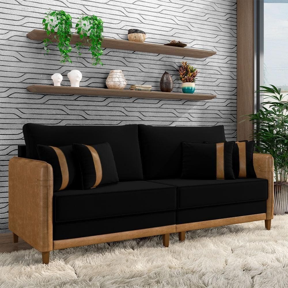 Sofá Living Montecarlo 3 Lugares Bipartido 252cm Pés Em Madeira Veludo-pu Preto-caramelo G33 Gran Belo