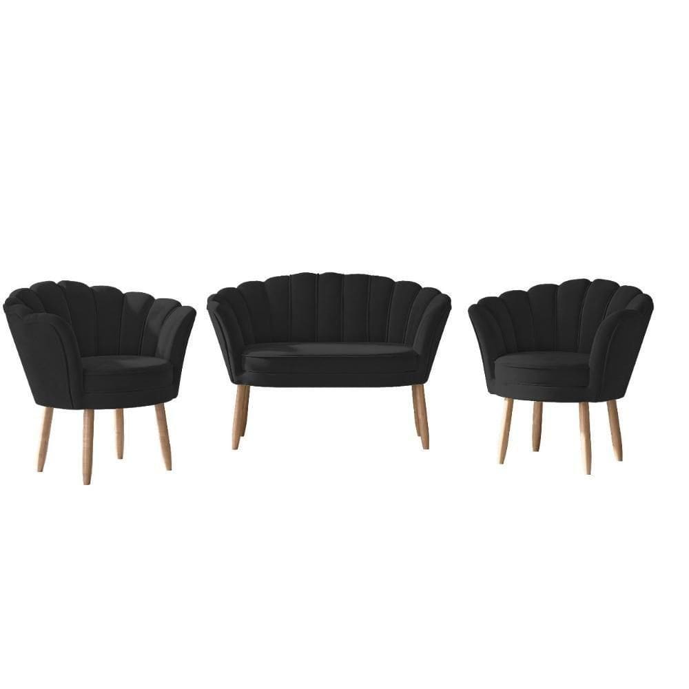 Sofá 2 Lugares + 2 Poltronas Quarto Sala Decorativa Flor Preto