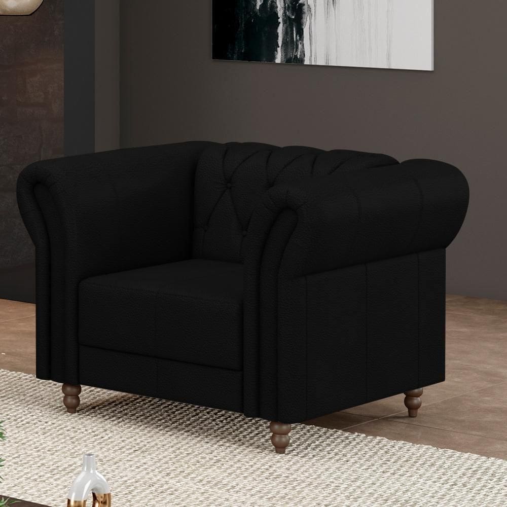 Poltrona Decorativa Stanford Chesterfield Pés De Madeira Couro Preto G58 Gran Belo