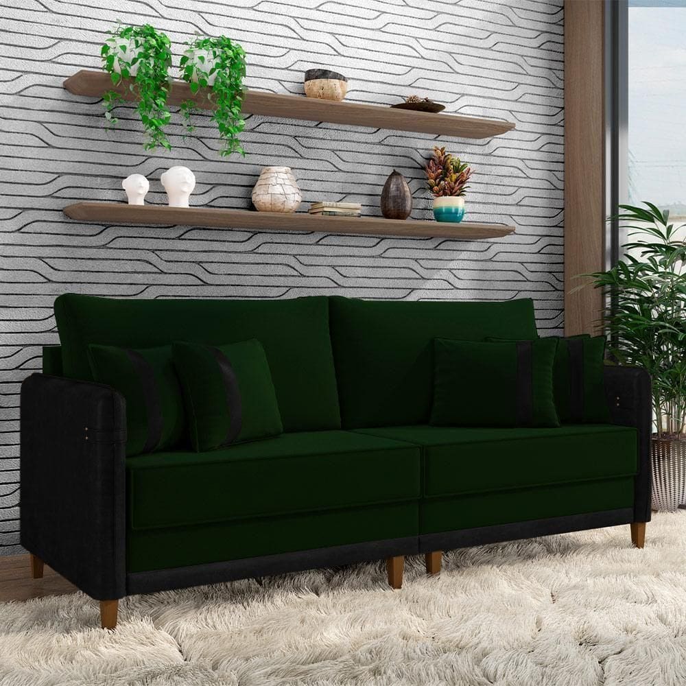 Sofá Living Montecarlo 3 Lugares Bipartido 232cm Pés Em Madeira Veludo-pu Verde-preto G33 Gran Belo