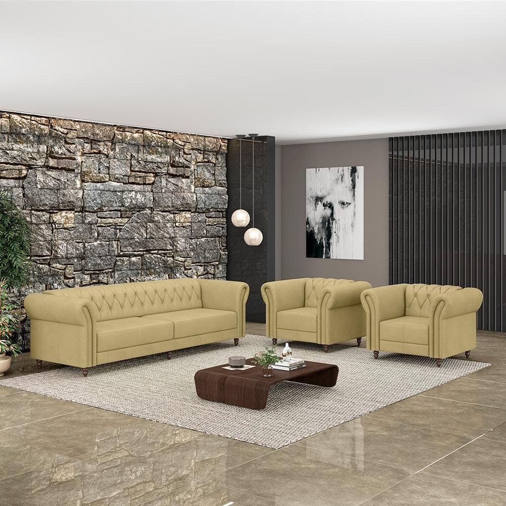 Conjunto 1 Sofá Living 260cm E 2 Poltronas Stanford Chesterfield Pés Madeira Couro Bege G58 Gran Belo