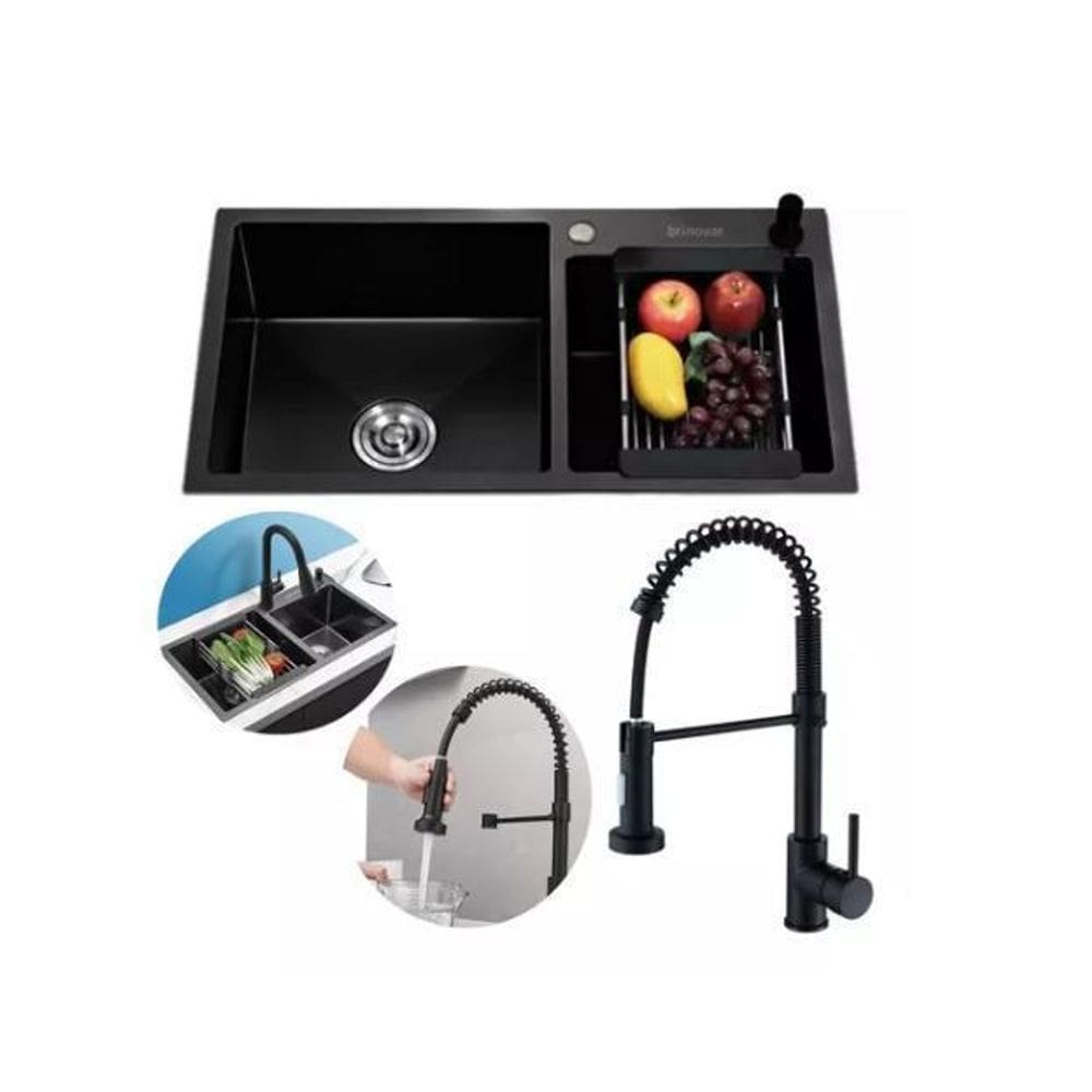 Kit Cuba Pia Gourmet Dupla Aço Inox E Torneira Flexível