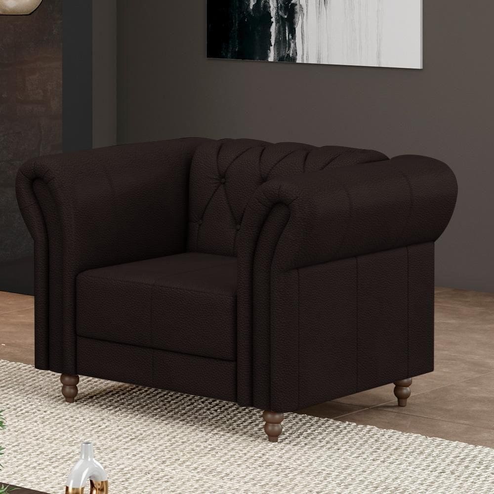 Poltrona Decorativa Stanford Chesterfield Pés De Madeira Couro Marrom G58 Gran Belo