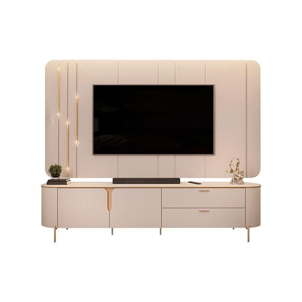 Painel Com Bancada 241cm Avatar Com Detalhes Dourados E Led Para Tv Até 75 Off White G18 - Gran Belo