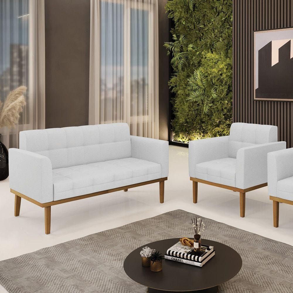 Conjunto Poltrona E Namoradeira Decorativas Karen Pés Fixo Em Madeira Castanho Linho Cinza G19 - Gran Belo