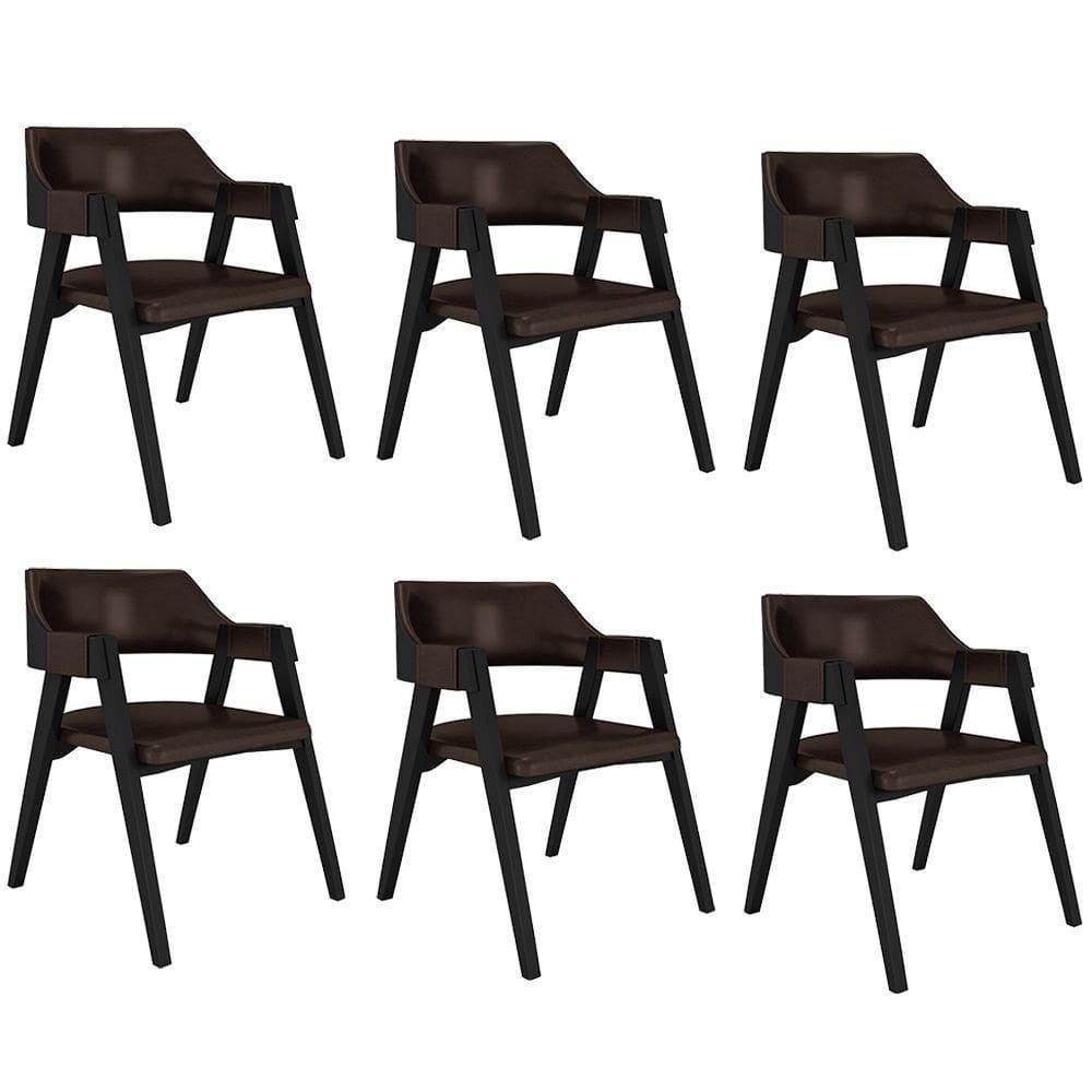 Kit 6 Cadeiras Sala De Jantar E Jogos Carteados Madeira Maciça Poker Pu Marrom-preto G42 - Gran Belo
