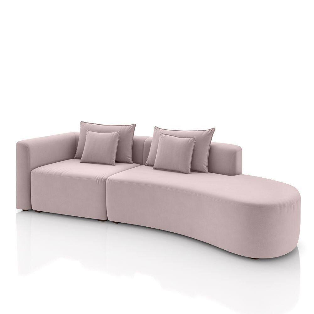 Sofá Curvo Decorativo Kimiko 327cm 4 Lugares Sala De Estar Com Chaise Veludo Rosê G52 - Gran Belo