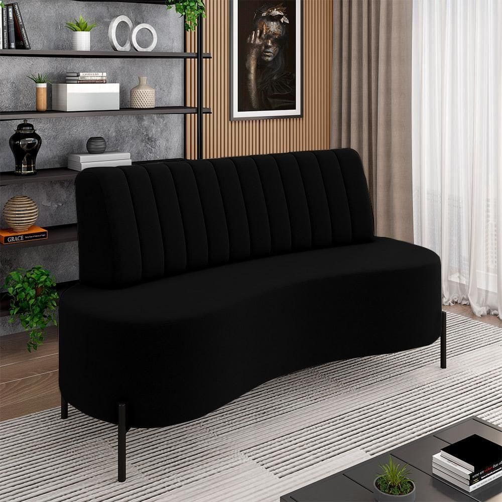 Sofá Living Decorativo 2 Lugares 1,60m Katara Pés De Ferro Veludo Preto G33 - Gran Belo
