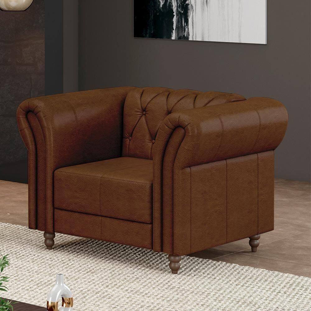 Poltrona Decorativa Stanford Chesterfield Pés De Madeira Couro Marrom Manchado G58 Gran Belo