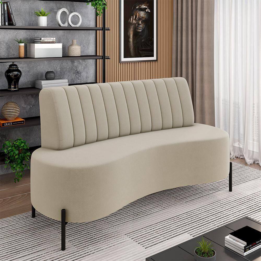 Sofá Living Decorativo 2 Lugares 1,60m Katara Pés De Ferro Veludo Bege G33 - Gran Belo