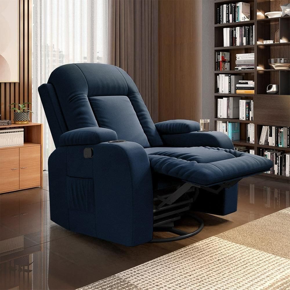 Poltrona Do Papai Reclinável Giratória E Balanço Crihs Manual Glider Veludo Azul G23 - Gran Belo