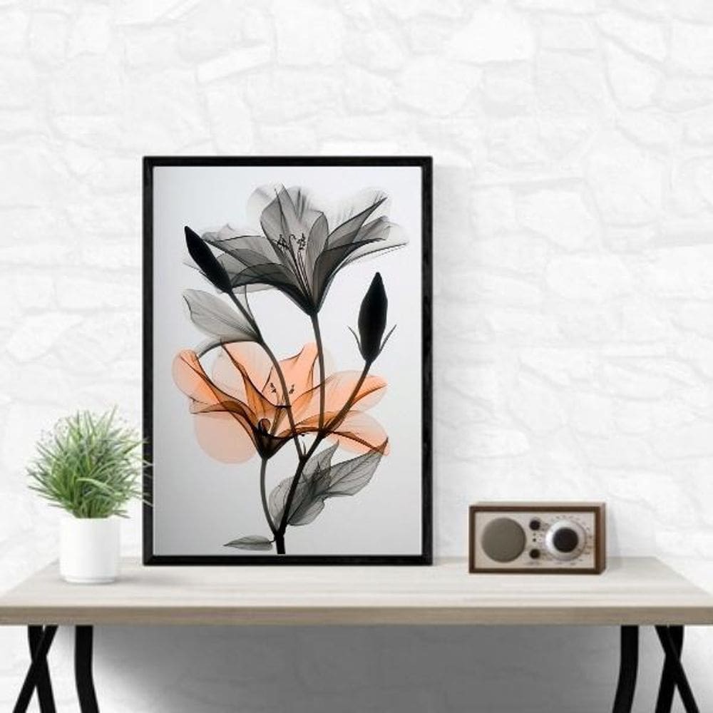 Quadro Moderno Flores Cinza E Laranja 45X34Cm