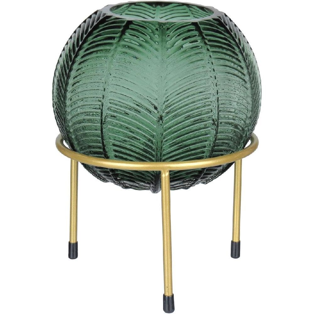 VASO DECORATIVO ENFEITE CASA FOLHAS HOME&CO COM SUPORTE METAL VIDRO 21x15x15cm VERDE