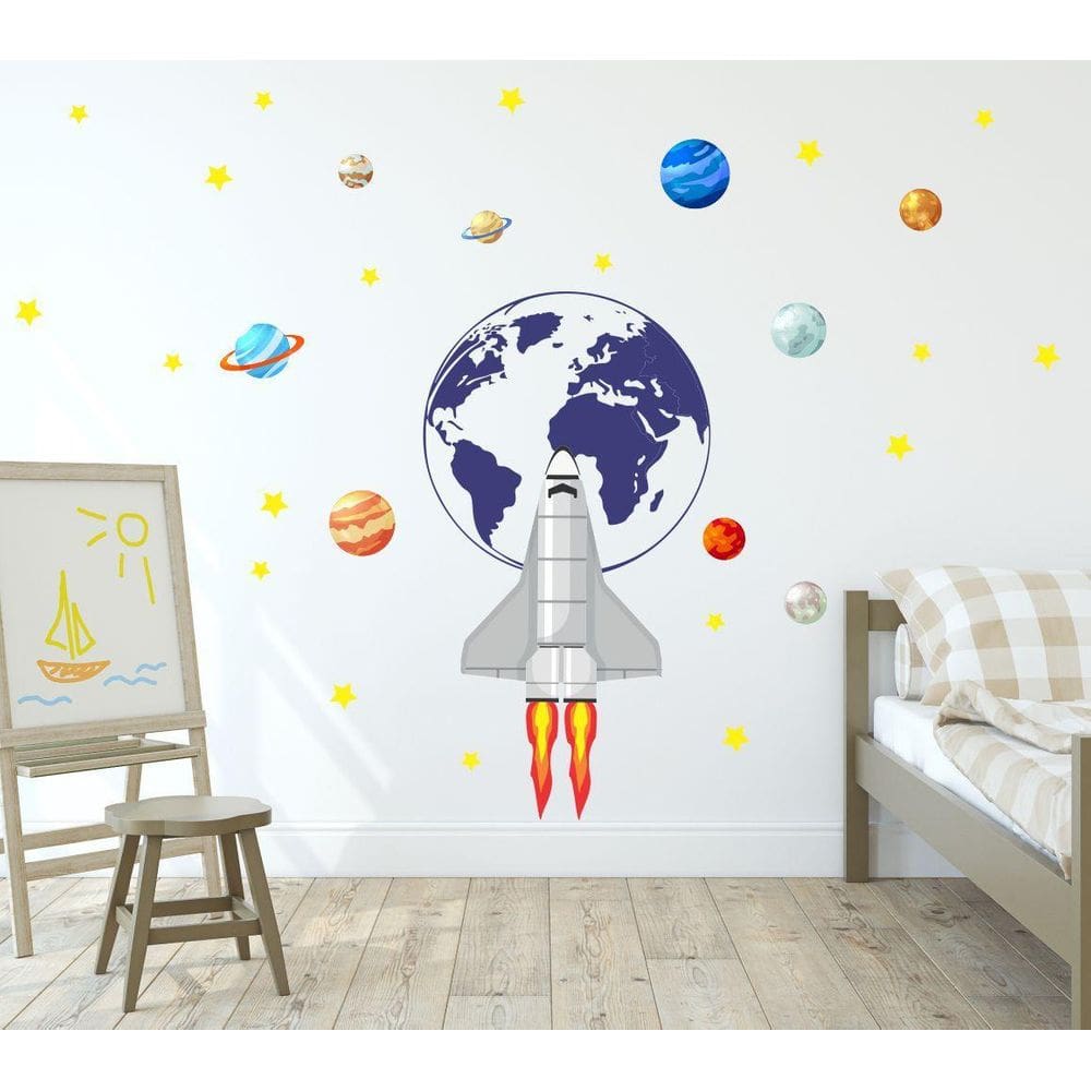 Adesivo De Parede Foguete Globo Terrestre E Planetas