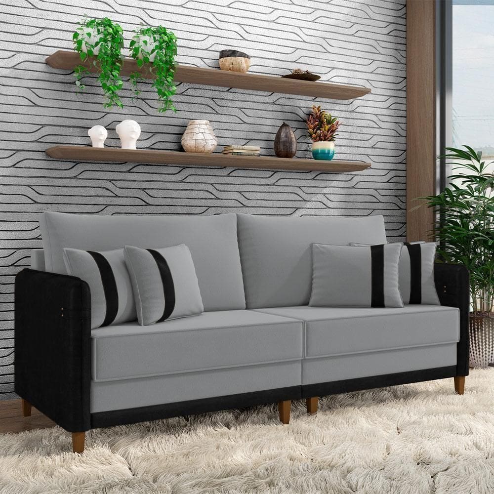 Sofá Living Montecarlo 2 Lugares Bipartido 212cm Pés Em Madeira Veludo-pu Cinza-preto G33 Gran Belo