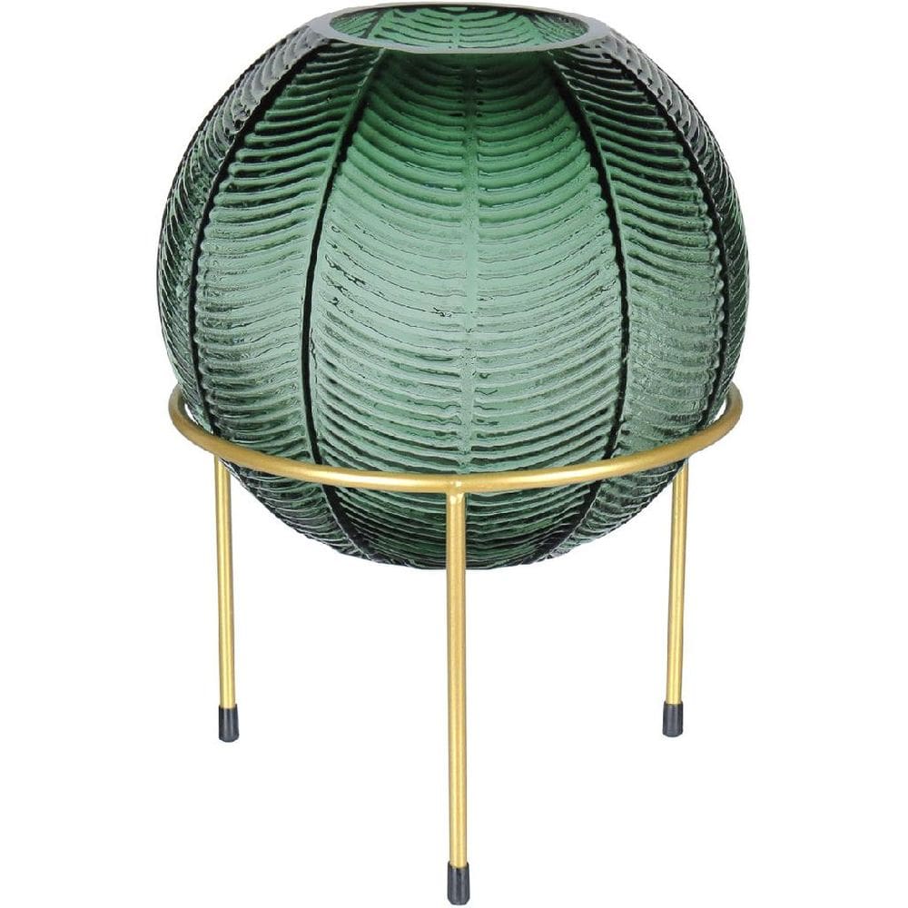 VASO DECORATIVO ENFEITE CASA FOLHAS HOME&CO COM SUPORTE METAL VIDRO 28x20x20cm VERDE