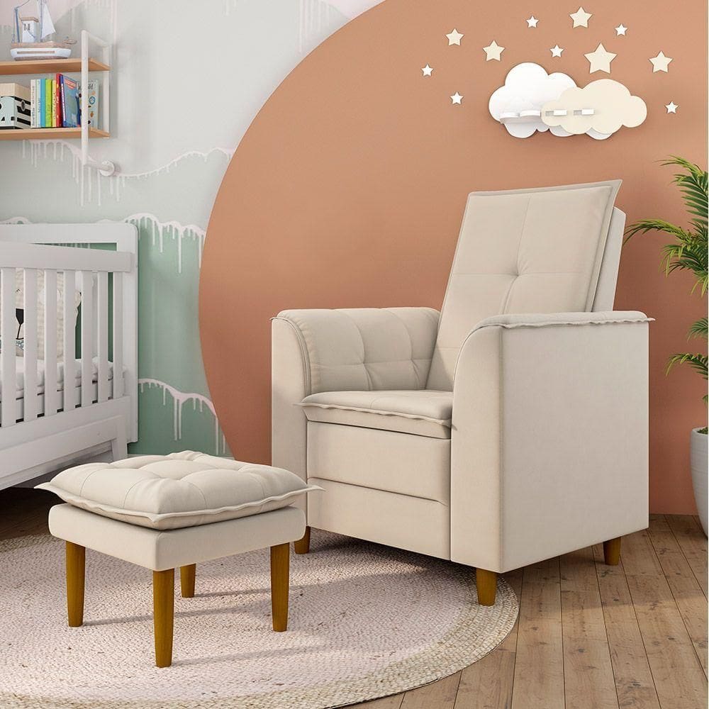 Poltrona De Amamentação Quarto De Bebê Gracy Com Puff Pés Palito Veludo Bege G85 - Gran Belo
