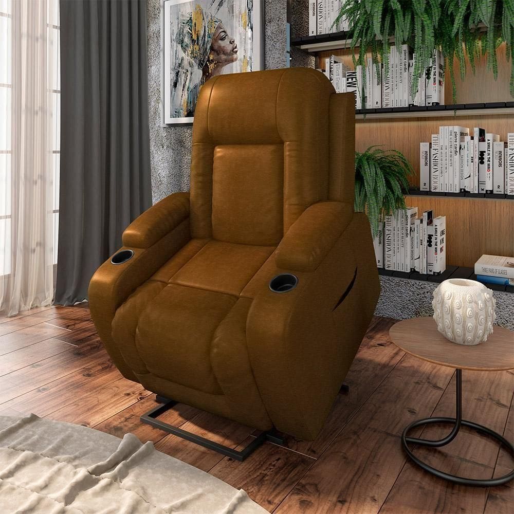 Poltrona Do Papai Reclinável Sala De Cinema Crihs Elétrica Lift Elevação Pu Whisky G23 - Gran Belo