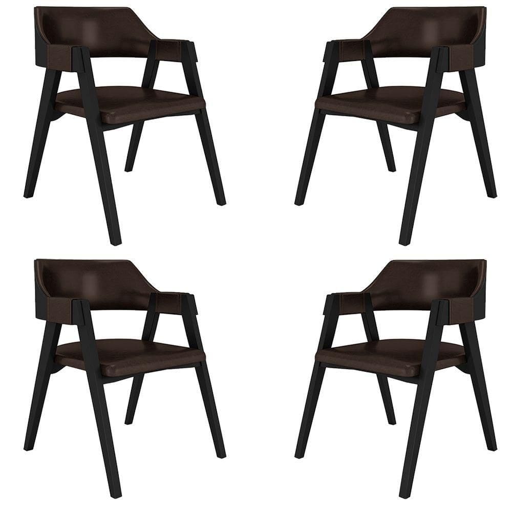 Kit 4 Cadeiras Sala De Jantar E Jogos Carteados Madeira Maciça Poker Pu Marrom-preto G42 - Gran Belo