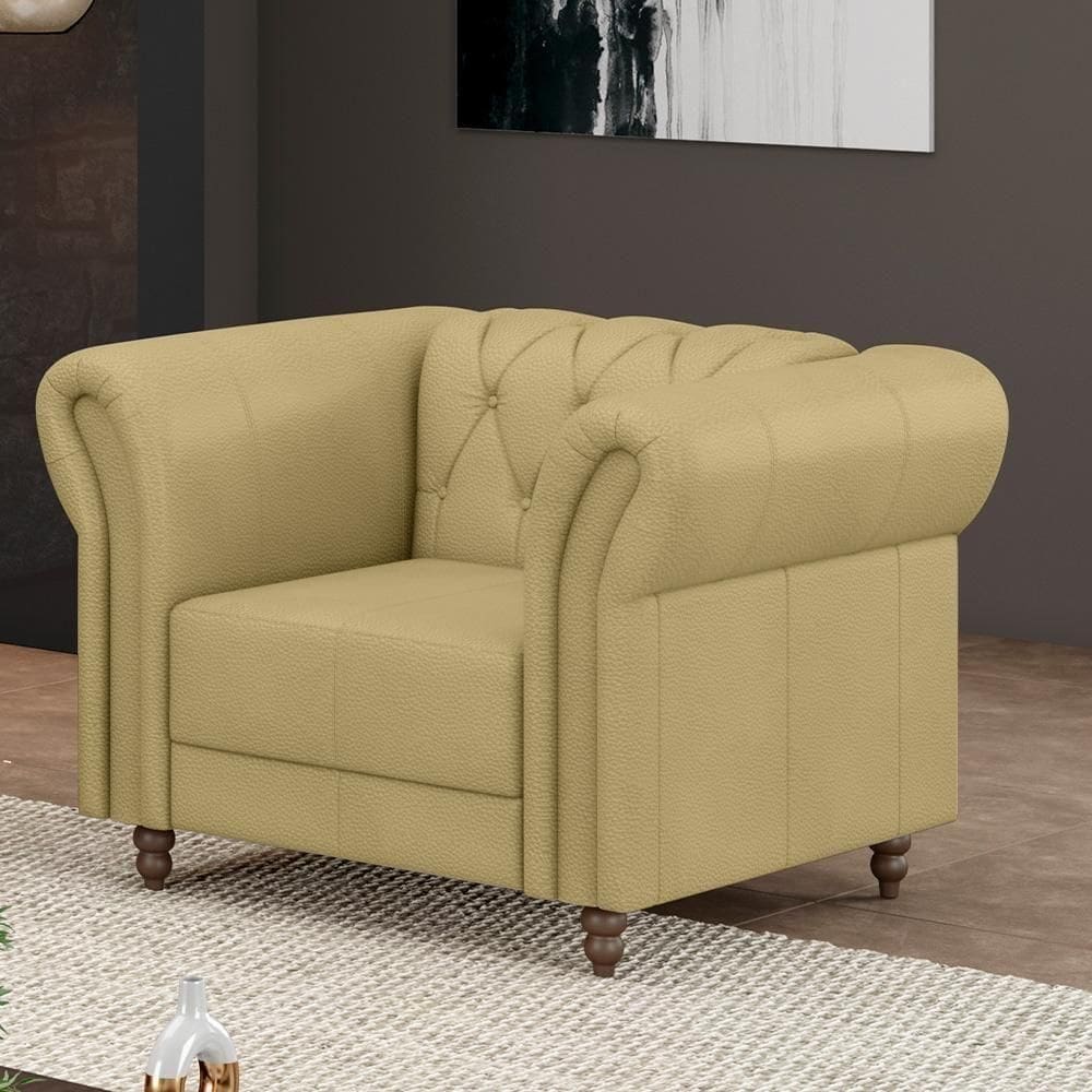 Poltrona Decorativa Stanford Chesterfield Pés De Madeira Couro Bege G58 Gran Belo