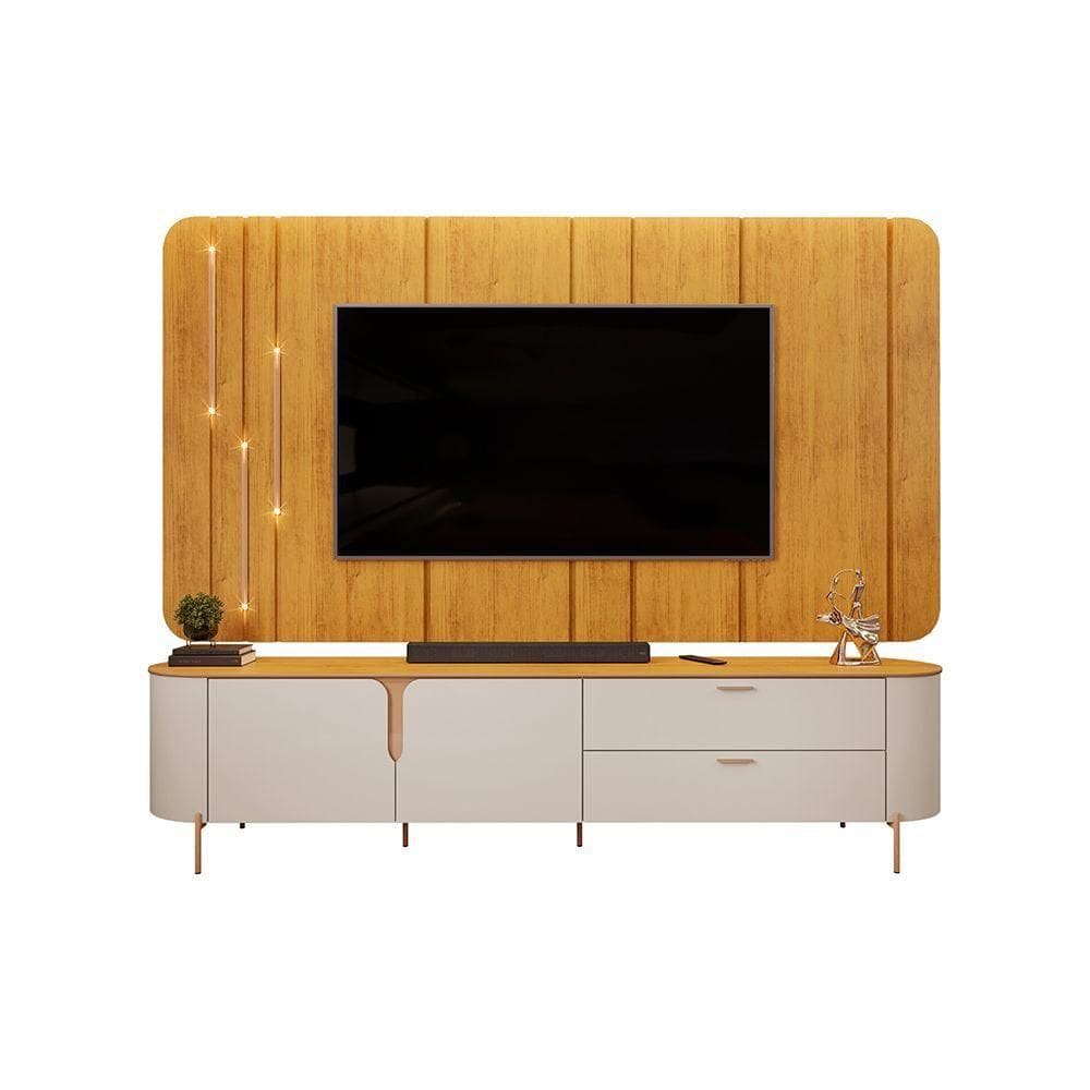 Painel Com Bancada 241cm Avatar Com Led E Detalhes Dourados P/ Tv Até 75 Mel-off White G18 Gran Belo