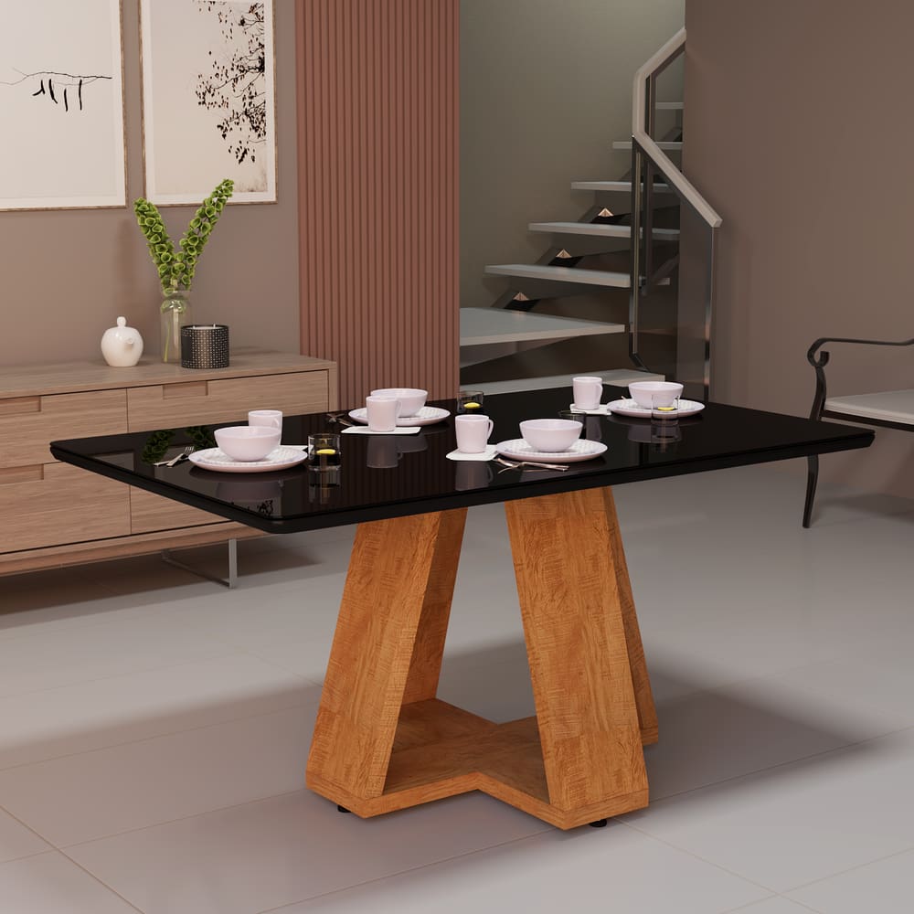 Mesa De Jantar Retangular 4 Lugares Com Tampo De Vidro Laqueado