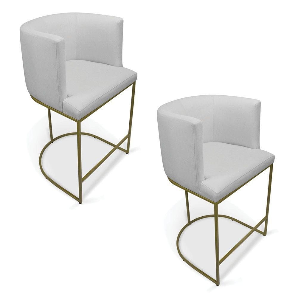 Kit 2 Banquetas Paola Linho Cinza A05 Base Metálica Dourada - D`rossi