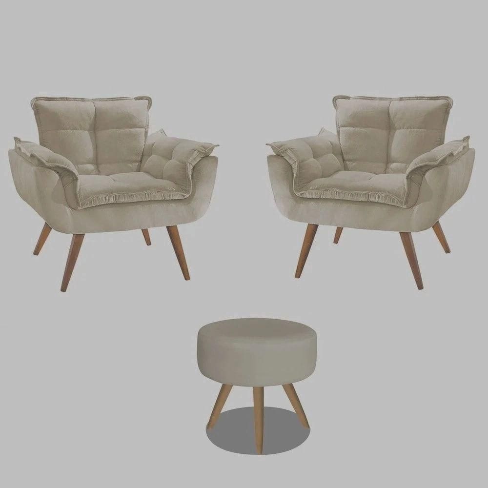Kit 2 Poltronas Opalas Com Puff Redondo Suede Nude