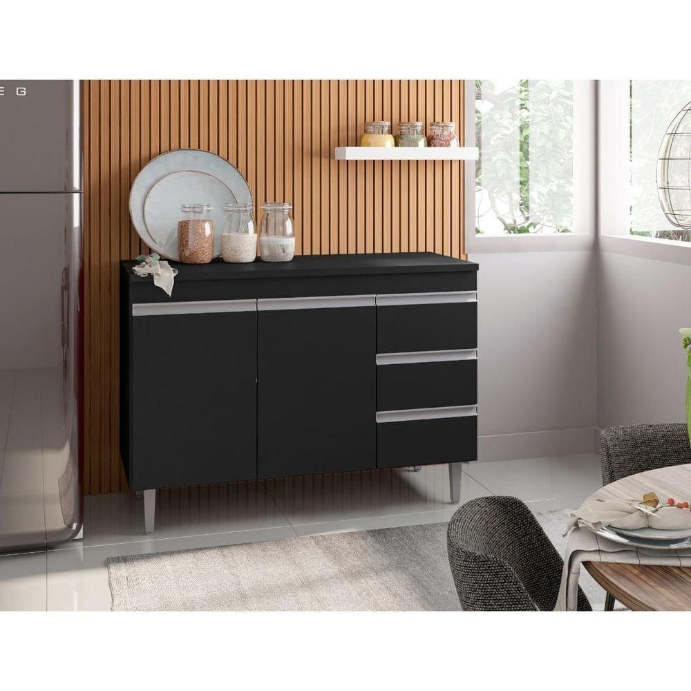 Balcão Gabinete Para Cozinha Andréia 120 Cm Preto Fosco