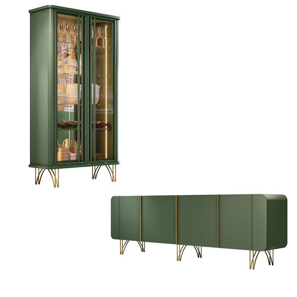 Conjunto Cristaleira Buffet Com Led Portas De Vidro Pés Aço Maciço Cor Dourado Texas-virginia Verde