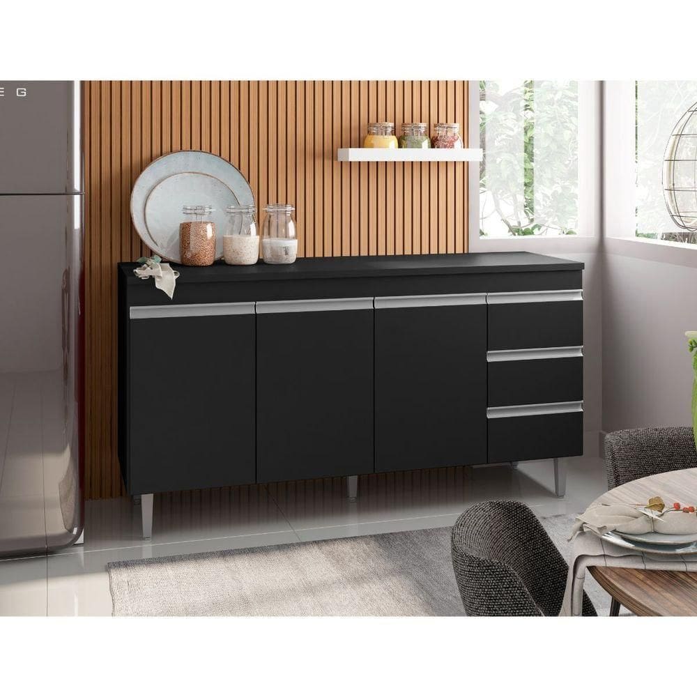 Balcão Gabinete Para Cozinha Andréia Com 160 Cm Preto Fosco