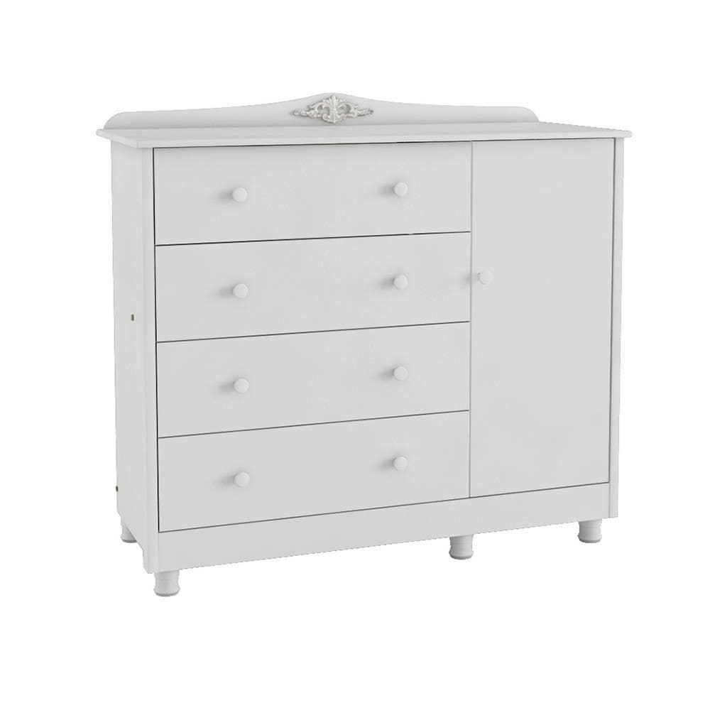 Cômoda De Bebê 1 Porta E 4 Gavetas Elô New Móveis Peroba Branco Brilho Branco Brilho