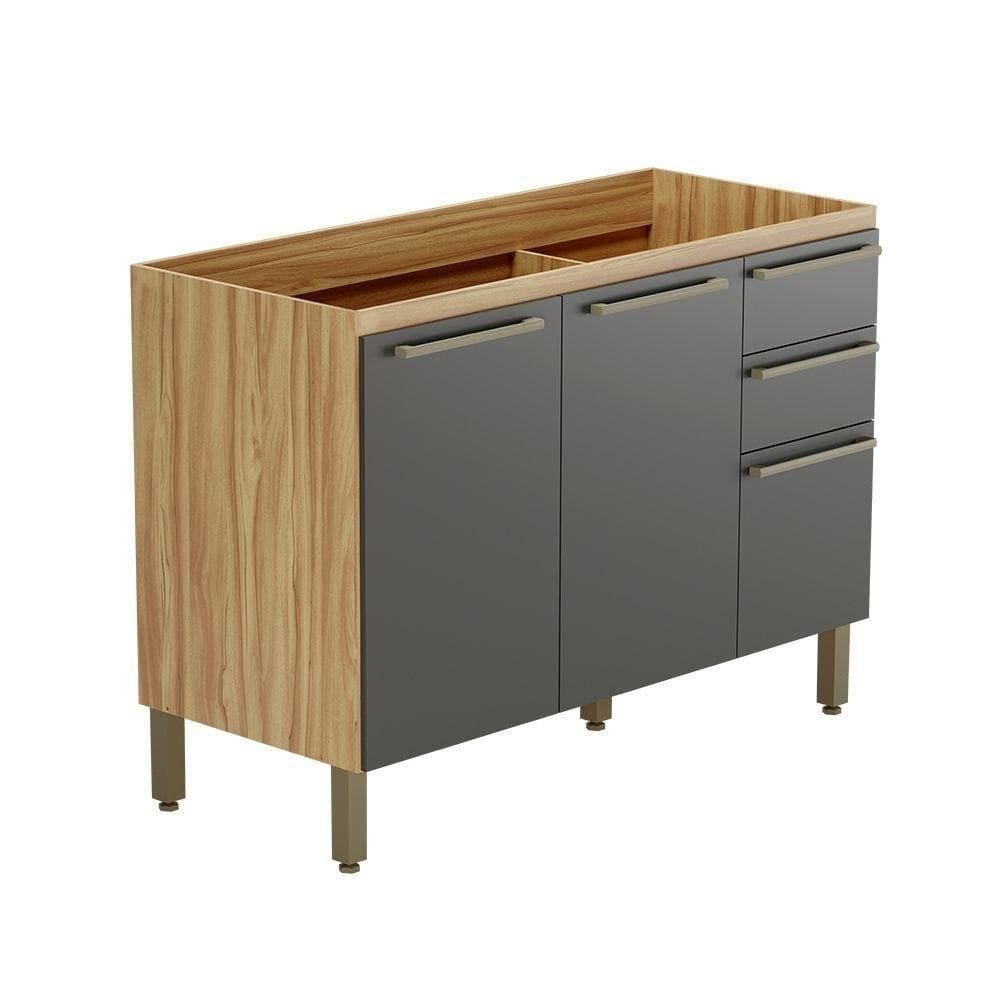 Balcão De Cozinha Com 3 Portas 2 Gavetas Sem Tampo 100% Mdf Napoli  Rio Doce Amendoa-chumbo